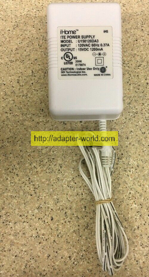 *100% Brand NEW* iHOME 15VDC - 1200mA 0.37A 60 HZ U150120DA3 (iH8) AC Power Adapter Free shipping! - Click Image to Close